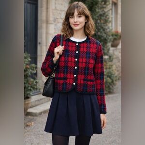 Vintage Tally-Ho Red & Black Plaid Knit Cardigan | Retro Preppy Holiday Academia